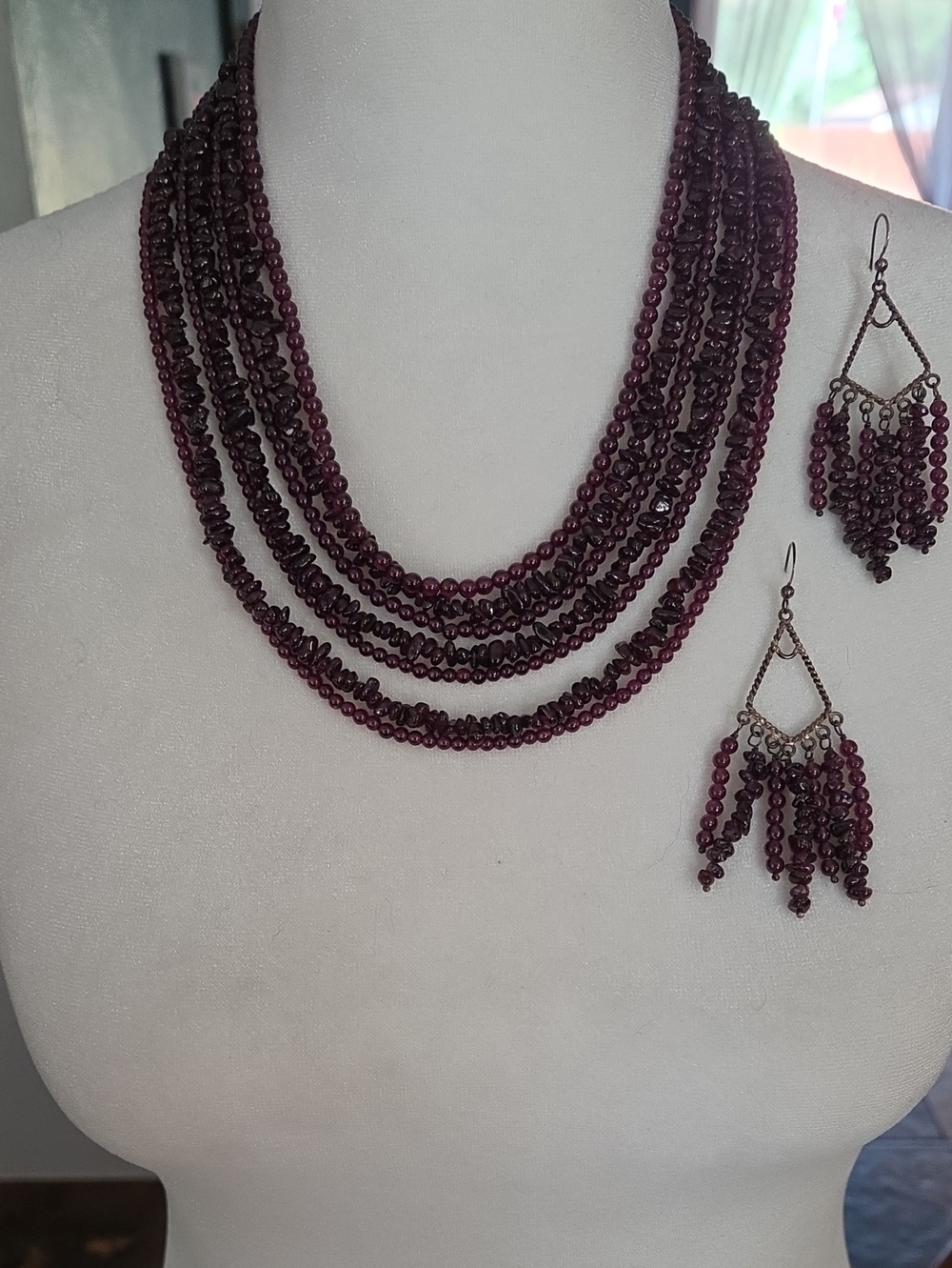 Multi-Strand Garnet Beaded Necklace and Earrings Set - Women Jewelry